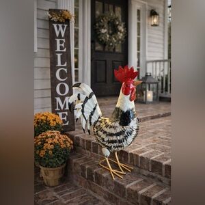 Decorative Handmade Rustic Metal Rooster Figurine - Red, Black, and White